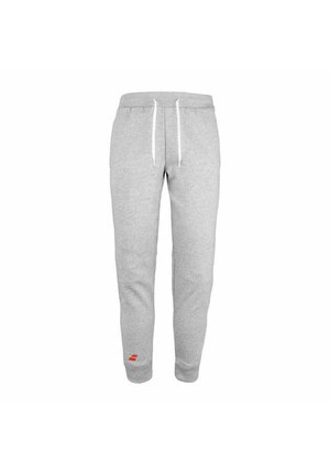 Jogging gris en coton avec une taille élastique, cordon blanc, poignets côtelés et un petit logo rouge sur la jambe gauche.