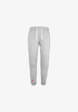 Grijze katoenen joggers met een elastische tailleband, witte trekkoord, ribbelboorden en een klein rood logo op het linkerbovenbeen.