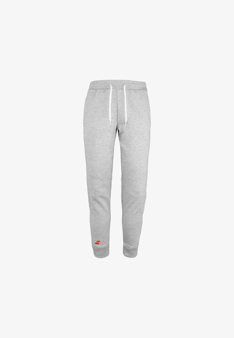 Pantalones jogger de algodón gris con cintura elástica, cordón blanco, puños acanalados y un pequeño logo rojo en la pierna izquierda.