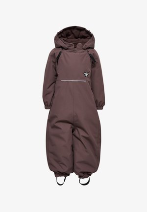 Brown waterproof snowsuit featuring a drawstring hood, reflective stripe on the front, elasticized cuffs, and foot straps for secure fit.