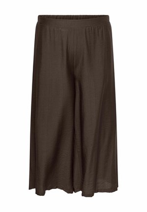 Pantalon ample marron foncé à jambes larges et raccourci, avec taille élastique, fabriqué en tissu léger texturé.