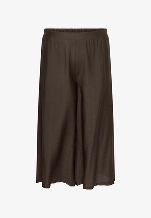 Pantaloni larghi marrone scuro corti con vita elastica, realizzati in tessuto leggero e strutturato.