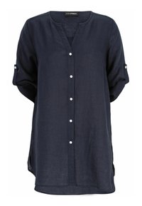 Marineblaue Leinenbluse mit V-Ausschnitt, weißen Knöpfen, hochkrempelbaren Ärmeln und seitlichen Schlitzen für zusätzlichen Komfort. Weiche Textur und lockere Passform.