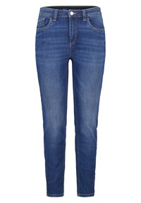 Jean en denim bleu à coupe slim, avec cinq poches, coutures visibles, et une taille dotée d'un bouton et d'une fermeture zip.