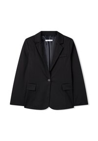 Blazer nero su misura con chiusura a un bottone, due tasche frontali, rever a punta e fodera interna liscia.