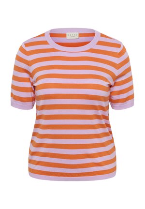 Gestreepte trui met korte mouwen in oranje en lichtpaars, ronde hals, geribbelde textuur, zachte gebreide stof, casual pasvorm.