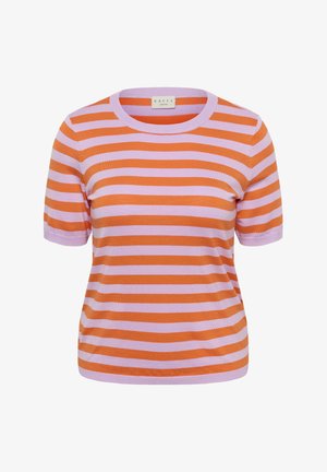 Gestreepte trui met korte mouwen in oranje en lichtpaars, ronde hals, geribbelde textuur, zachte gebreide stof, casual pasvorm.