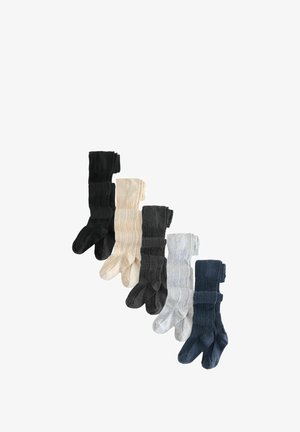 Set of five ribbed knit socks in black, beige, dark gray, light gray, and navy. Cotton blend with a soft, textured finish.