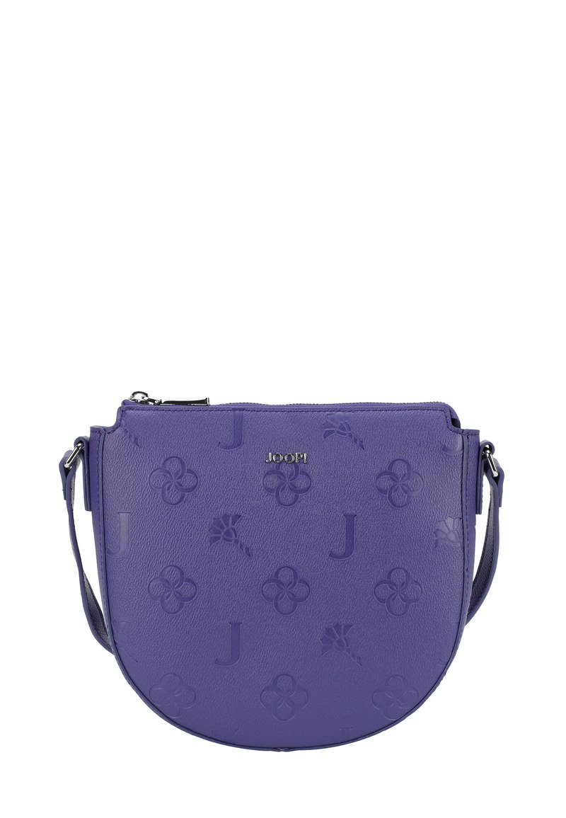 Borsa a tracolla viola realizzata in pelle testurizzata, caratterizzata da motivi floreali in rilievo e un accento di logo metallico. Forma arrotondata con tracolla regolabile.