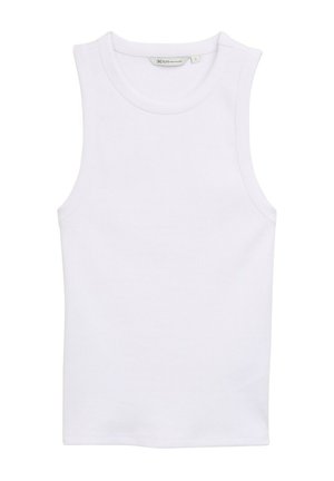 Hvid, ærmeløs tanktop lavet af ribbet materiale. Har en rund hals og en tætsiddende silhuet. Etiketten viser størrelse 'S'.