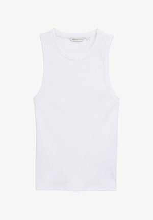 Hvid, ærmeløs tanktop lavet af ribbet materiale. Har en rund hals og en tætsiddende silhuet. Etiketten viser størrelse 'S'.