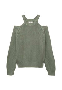Strickpullover in Olivgrün mit geripptem Ausschnitt und kalter Schulter-Design. Verfügt über lange Ärmel und einen taillierten Bund. Mit strukturiertem Finish.