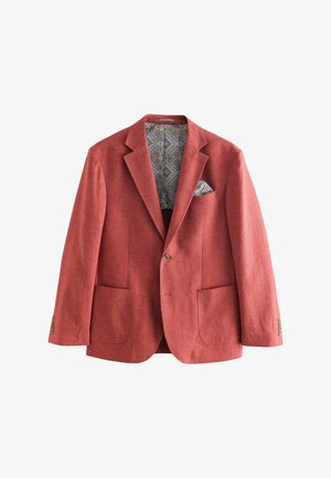 Red linen blazer with notched lapels, two front pockets, and a patterned blue interior lining. Features a breast pocket with a matching pocket square.