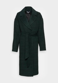 Cappotto a quadri verdi e neri in tessuto, con colletto a scialle, maniche lunghe, vita con cintura e taglio dritto.