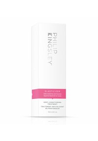 Weißer rechteckiger Kasten mit minimalistischem Design. Das Etikett besagt "Philip Kingsley Elasticizer" in Silber und hat ein pinkes Band mit Produktdetails.