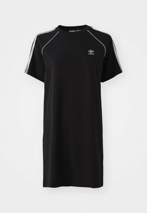 Black short-sleeve dress made of soft fabric, featuring white side stripes, a round neckline, and a small logo on the chest.