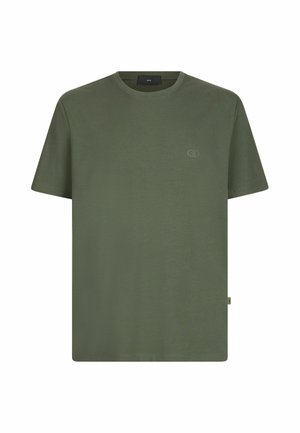T-shirt vert olive uni à manches courtes et col rond, avec un petit logo sur la poitrine gauche et une étiquette en tissu sur la couture latérale.