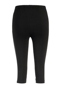 Zwarte, elastische tailleband capri leggings gemaakt van zachte, rekbare stof met een gladde textuur en zonder zichtbare naden of versieringen.