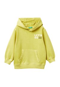 Felpa con cappuccio verde chiaro, dotata di tasca frontale, polsini a coste e etichetta sul collo posteriore. Stampa bianca con la scritta "ANDIAMO A ESPLORARE".