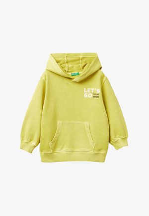 Lichtgroene hoodie met een voorvak, ribgebreide boorden en een label aan de achterkant van de nek. "LATEN WE VERKENNEN" in het wit gedrukt.