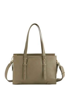 Sac à main rectangulaire vert olive avec deux longues poignées, bandoulière ajustable et détails en métal doré sur fond blanc.