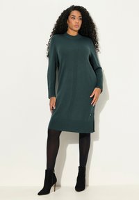 Robe tricotée vert foncé avec des accents côtelés, manches longues et fentes sur les côtés. Portée avec des collants noirs et des bottines, comportant un détail doré.