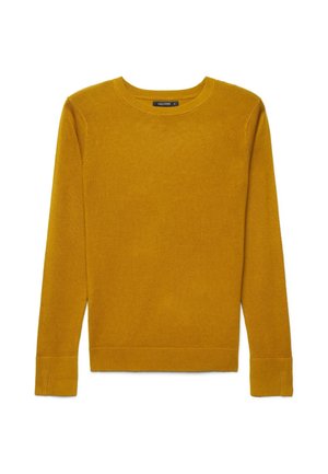 Long-sleeve mustard yellow sweater with ribbed cuffs and hem, crew neckline, and smooth knit fabric.