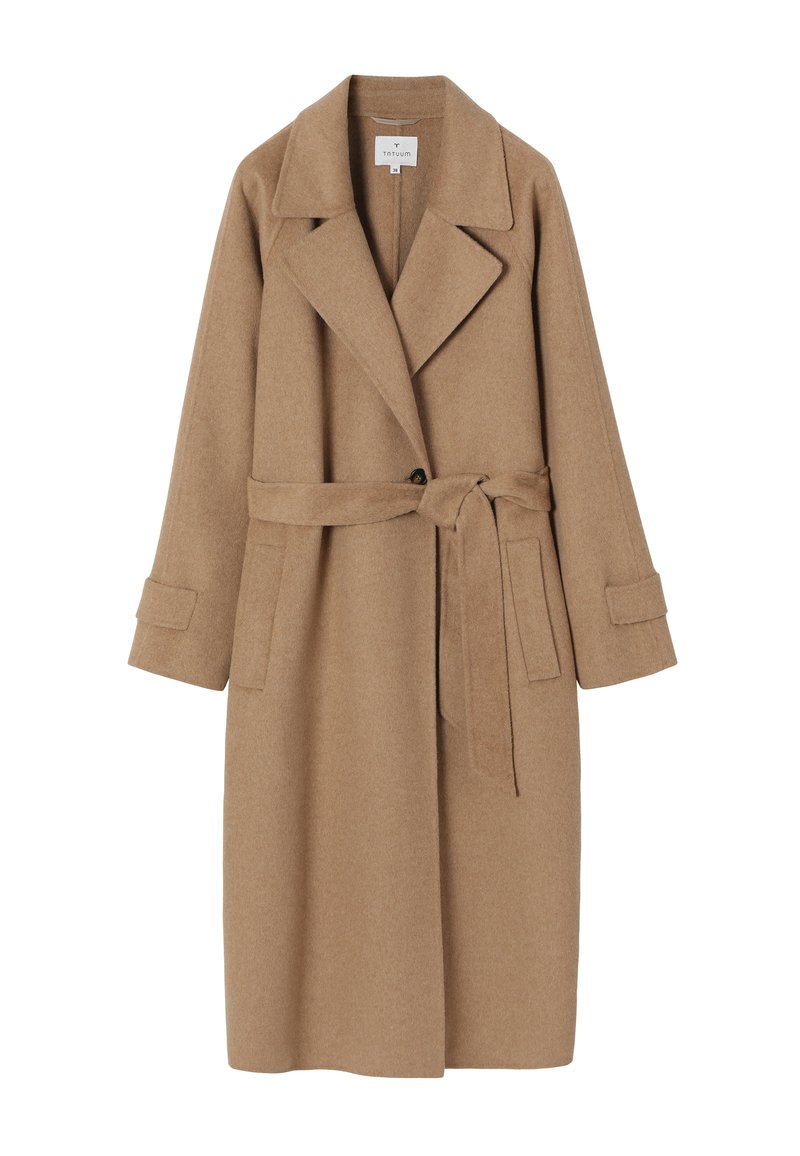 Beige wollen trenchcoat van een wolmix met een aangeknipte revers, strikceintuur, zijzakken en manchetachtige mouwen. Soepele textuur en minimalistische ontwerpdetails.