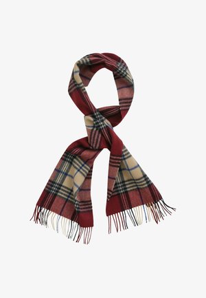Red, beige, and blue plaid scarf with fringed ends, folded in a loop against a white background.