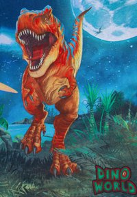 Bunte Illustration eines brüllenden T-Rex mit roten und orangefarbenen Schuppen, scharfen Krallen und blauen Akzenten, vor einer nächtlichen Landschaft. Der Text lautet "DINO WELT."