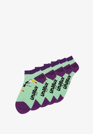Fünf Paare von Knöchelsocken aus mintgrüner Baumwolle, mit lila Bändern und einem Tukangrafik, auf der "UnaBux" in Schwarz gedruckt ist.