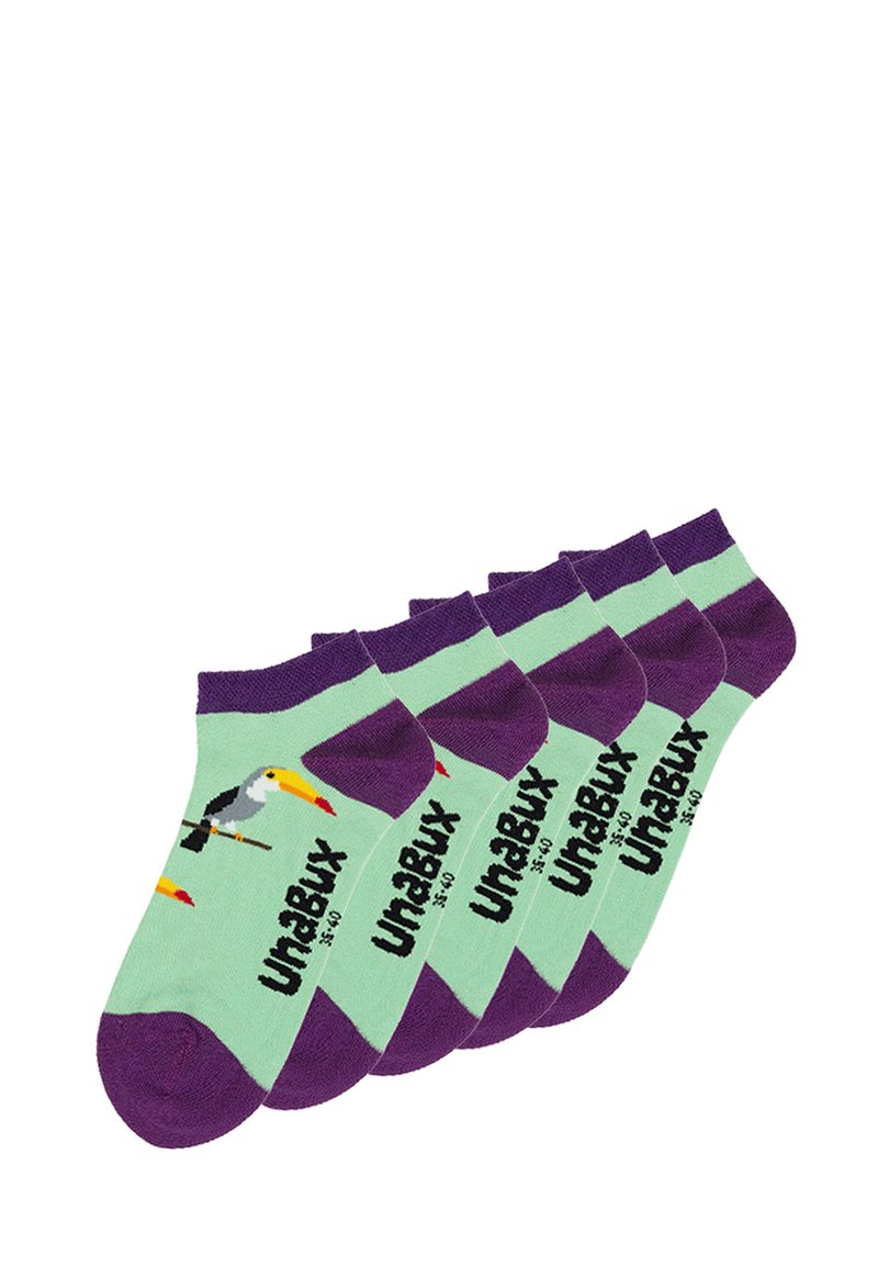 Cinque paia di calzini alla caviglia in cotone verde menta, con bande viola e una grafica di tucano con "UnaBux" stampato in nero.