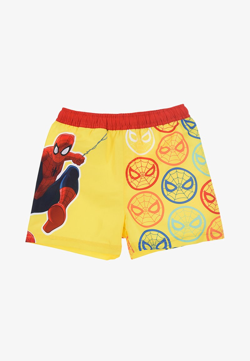 Yellow swim shorts with a red elastic waistband. Features a large Spider-Man graphic and colorful Spider-Man mask patterns.
