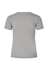 Grå kortærmet t-shirt med rund halsudskæring og glat stofstruktur, der har et enkelt design uden synlige mønstre eller detaljer.