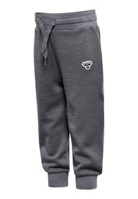 Grå joggerbyxor i mjukt tyg, med ribbad midjeband, mudd och en liten vit logotyp på övre vänstra sidan.