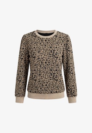 Pulover bej și negru cu imprimeu leopard, mâneci lungi, manșete, tiv și decolteu rotund striați, pe fundal alb.