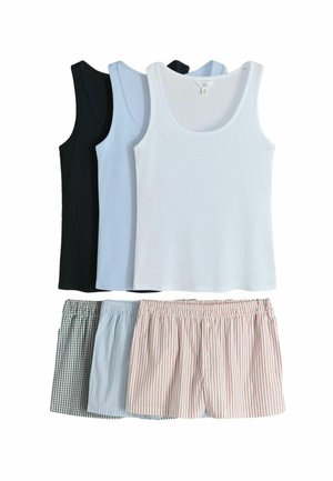 Three sleeveless tank tops in black, light blue, and white paired with three elastic waist shorts in black check, light blue, and red stripes.