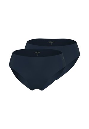 Two pairs of dark navy blue women's seamless hipster briefs, size medium, with subtle branding on waistband and side.