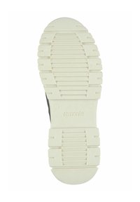 Bílá gumová podrážka tenisky s texturovanými gripovými vzory a vyvýšenými částmi. Uprostřed se nachází název značky "remonte".