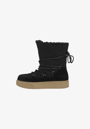 Botín negro de ante hasta el tobillo con ribete de pelo sintético, cordones a través de ojales dorados y suela de goma beige. Presenta un diseño gathered en la parte superior.