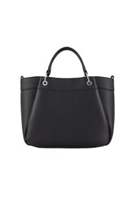 Borsa tote nera in pelle con forma strutturata, dotata di hardware argentato e doppie maniglie superiori. Superficie testurizzata con dettagli minimi.