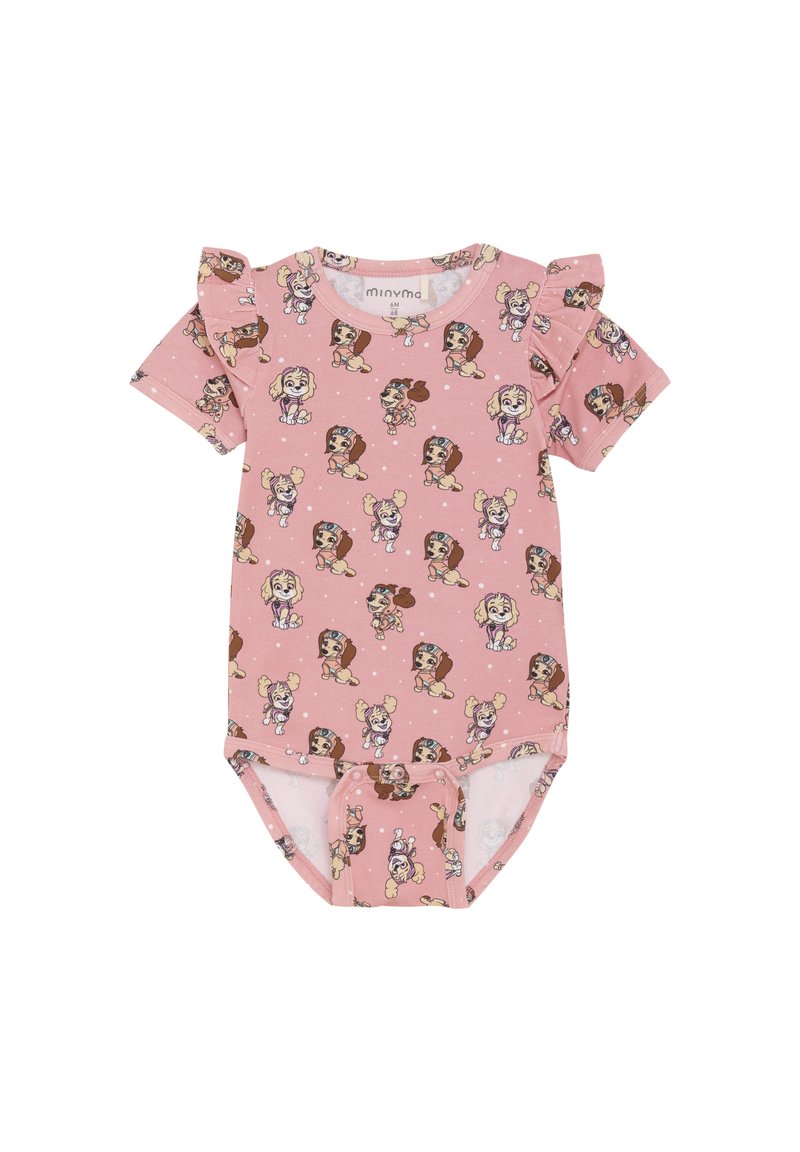 Zartrosa kurzärmliger Bodysuit aus Baumwolle. Mit Rüsche an den Ärmeln und einem wiederholten Muster von Cartoon-Hunden. Druckknopfverschluss am Boden.
