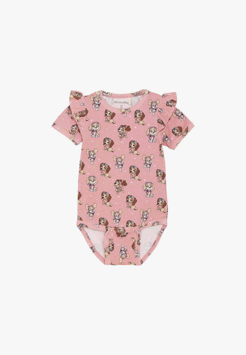 Bodysuit rose clair à manches courtes en coton. Présente des manches à volants et un motif répété de chiens de dessin animé. Fermeture à pression en bas.