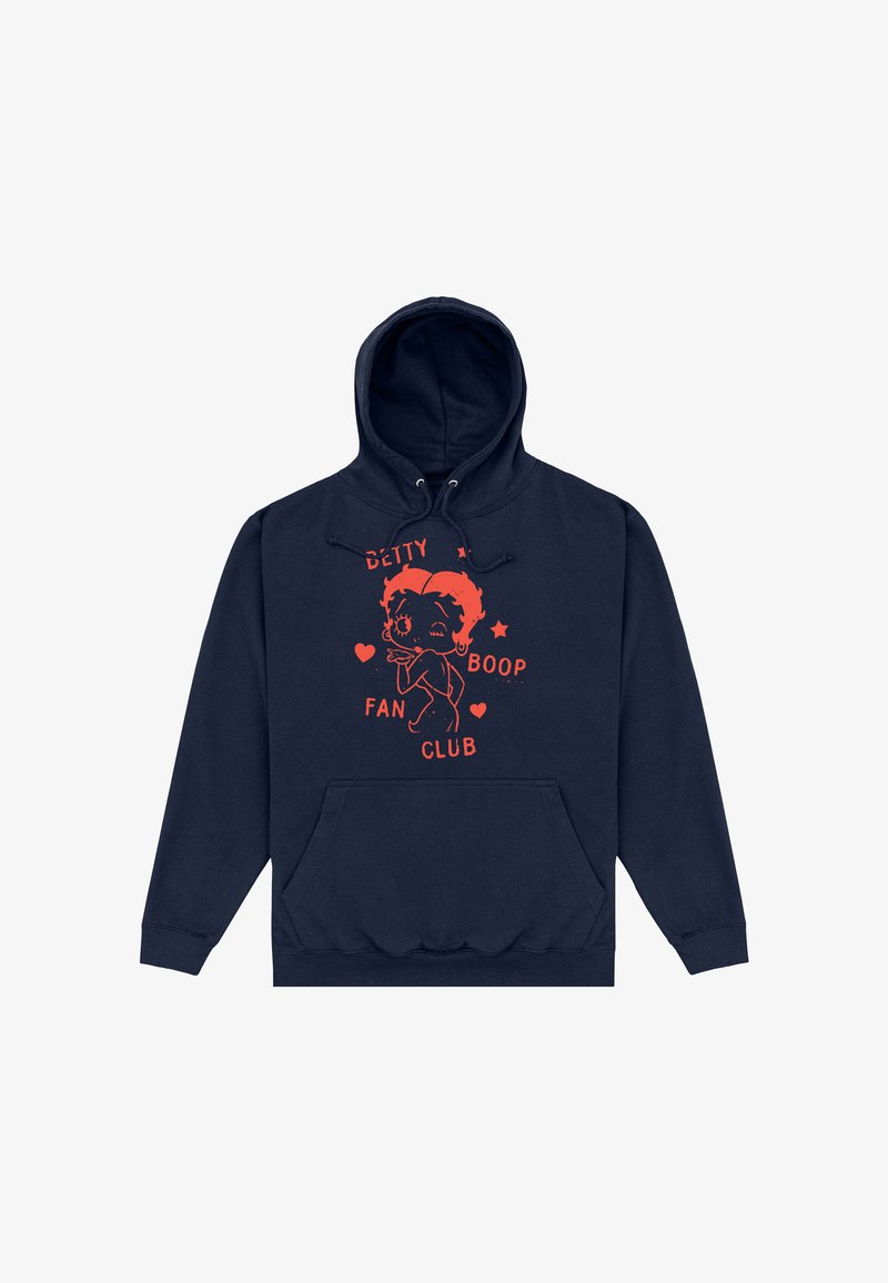 Sweat à capuche bleu marine avec poche avant et motif rouge de Betty Boop faisant un clin d'œil, entourée de cœurs et du texte "Betty Boop Fan Club".