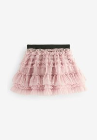 Gonna in tulle rosa con un design arricciato a più strati, rifinita con una vita elastica nera. Tessuto morbido e leggero.