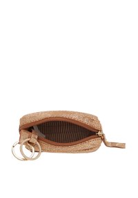 Rose gold zipper pouch with a textured, glittery exterior, and striped fabric lining. Features a top zipper and two key rings attached.