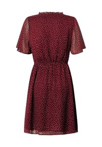 Vestido burdeos con lunares, mangas cortas de tejido transparente, cintura fruncida y escote con volantes. Tela ligera con forma acampanada.