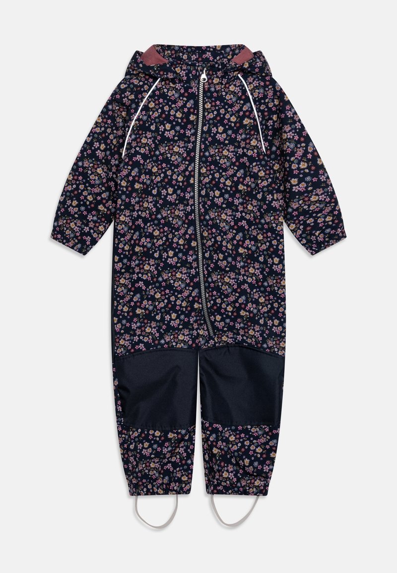 Combinaison de pluie une pièce bleu marine pour enfants avec motif floral rose, capuche, fermeture éclair à l'avant, renforts noirs aux genoux et étriers aux chevilles.