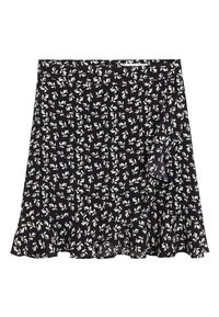 Blumiger Rock mit schwarzem Hintergrund, der kleine weiße Blättermuster aufweist, mit Rüsche am Saum und leichtem Stoff. Ideale Wahl für legere Anlässe.