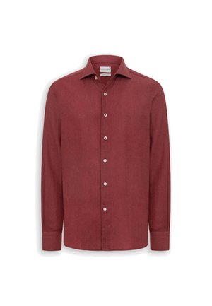 Męska koszula na długi rękaw z guzikami, w ciemnoczerwonym kolorze, z ostrym kołnierzykiem i białymi guzikami z przodu.